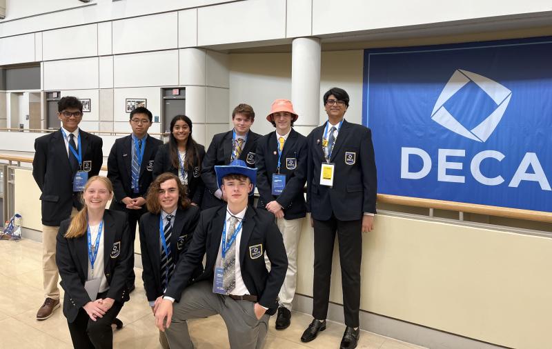 Cape High business students gather before attending the grand award ceremony at the DECA International Career Development Conference. In back are (l-r) Krish Prattipati, Jia Qi Xie, Sia Patel, Wiley Owens, Andrew Racz and Sahil Patel. In front are Kathryn Costello, Jacob Mclean and Will Powell. SUBMITTED PHOTOS